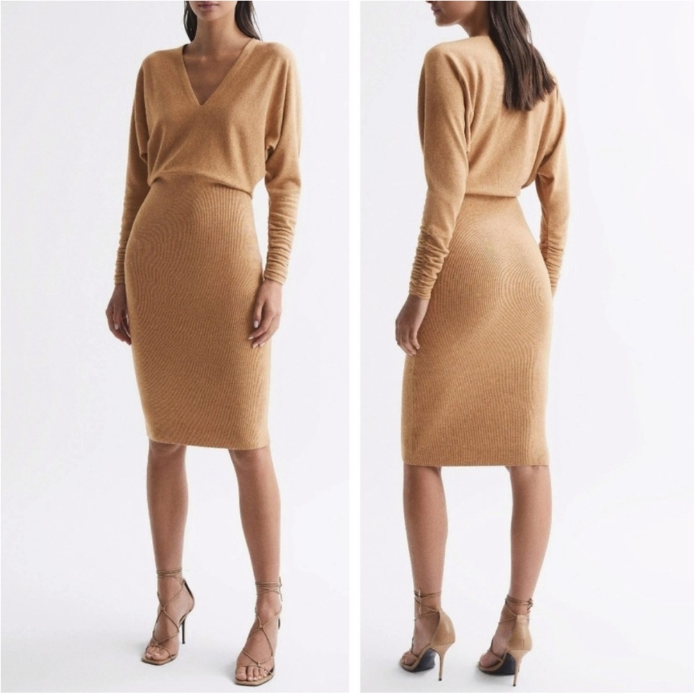 Reiss | Dresses | Reiss Jenna Ruched Vneckline Camel Brown Cashmere Wool  Sweater Midi Dress Small | Poshmark